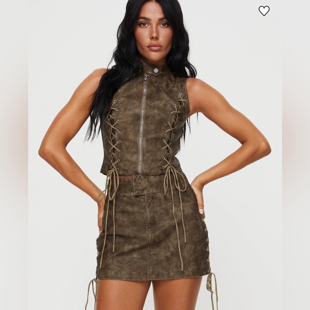 Princess Polly Ceejay Faux Leather Brown Top and Skirt Set Size 4